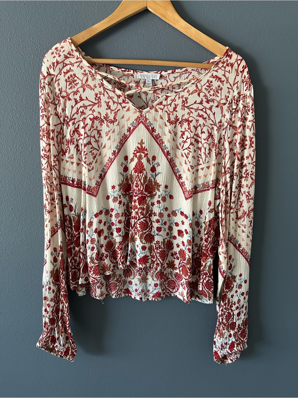 Boho Floral Long-Sleeve Top - Cream with Red Print